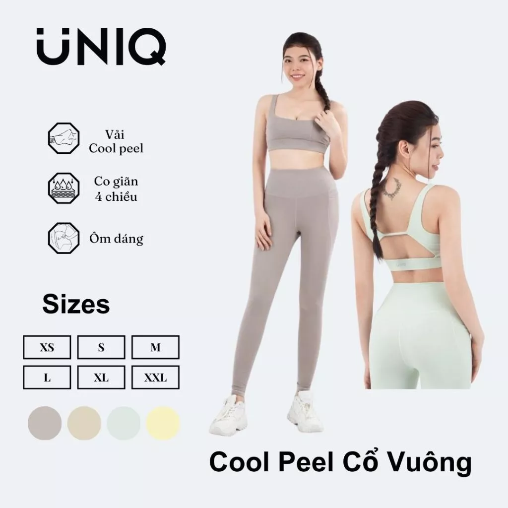 Bộ Đồ Tập Gym Yoga Nữ UNIQ Cool Peel - Áo Cổ Vuông Lưng Đồng Hồ Cát & Quần Legging