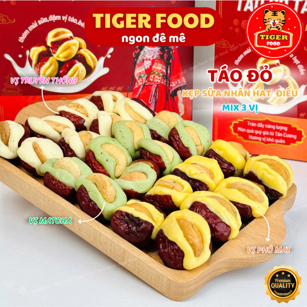 [MUA 1 ĐƯỢC 3] Táo Đỏ Tân Cương Kẹp Sữa Nhân Hạt Điều 1KG TIGER FOOD Táo đỏ kẹp sữa nhân hạt điều Mix 3  Vị Bánh Kẹo Tết