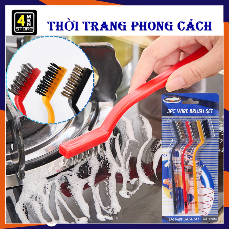 Bộ 3 Bàn Chải Vệ Sinh Sợi Thép & Nylon Đa Năng- Cọ Chà Rửa Vệ Sinh Nhà Tắm Khe Cửa, Nhà Bếp Tiện Lợi