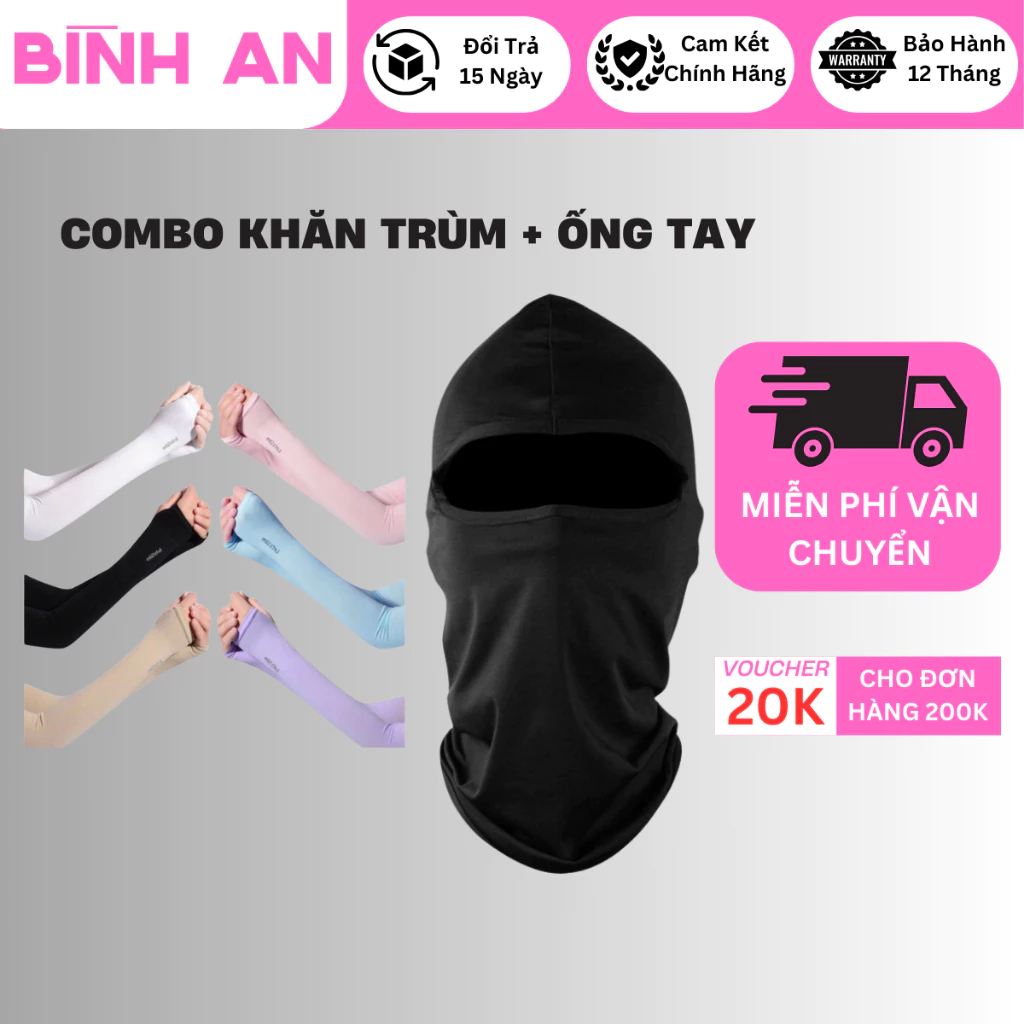 Combo khăn trùm đầu ninja kèm ống tay chống nắng nhiều màu