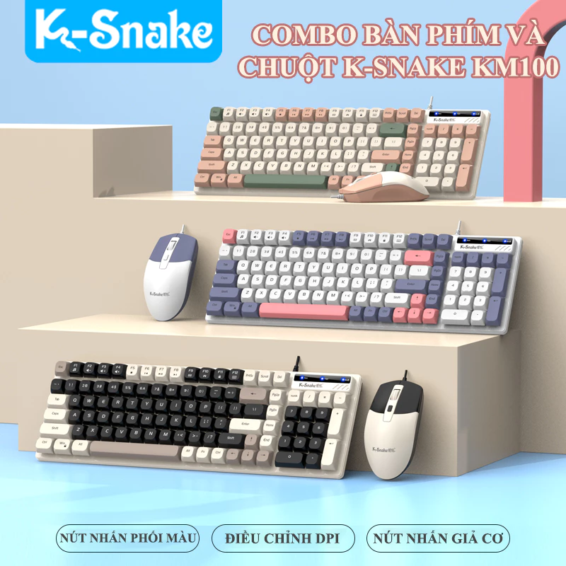 Bộ bàn phím và chuột K-SNAKE KM100 kết nối bằng dây cổng USB thiết kế bố cục 101 nút giả cơ phối màu hiện đại