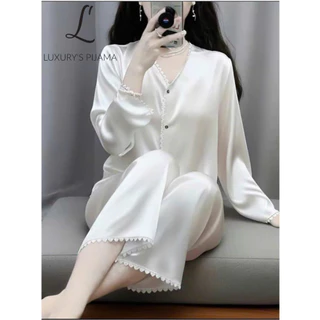 Đồ bộ LUXURY PIJAMA lụa latin cao cấp, mềm mịn sang trọng tay dài trắng trơn TD028