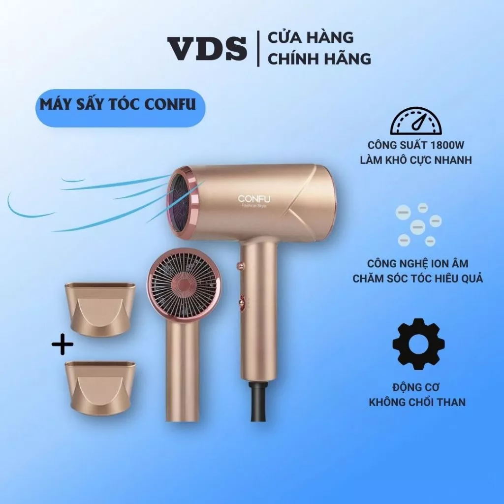 Máy sấy tóc CONFU công suất 1800W, công nghệ bổ sung ion âm