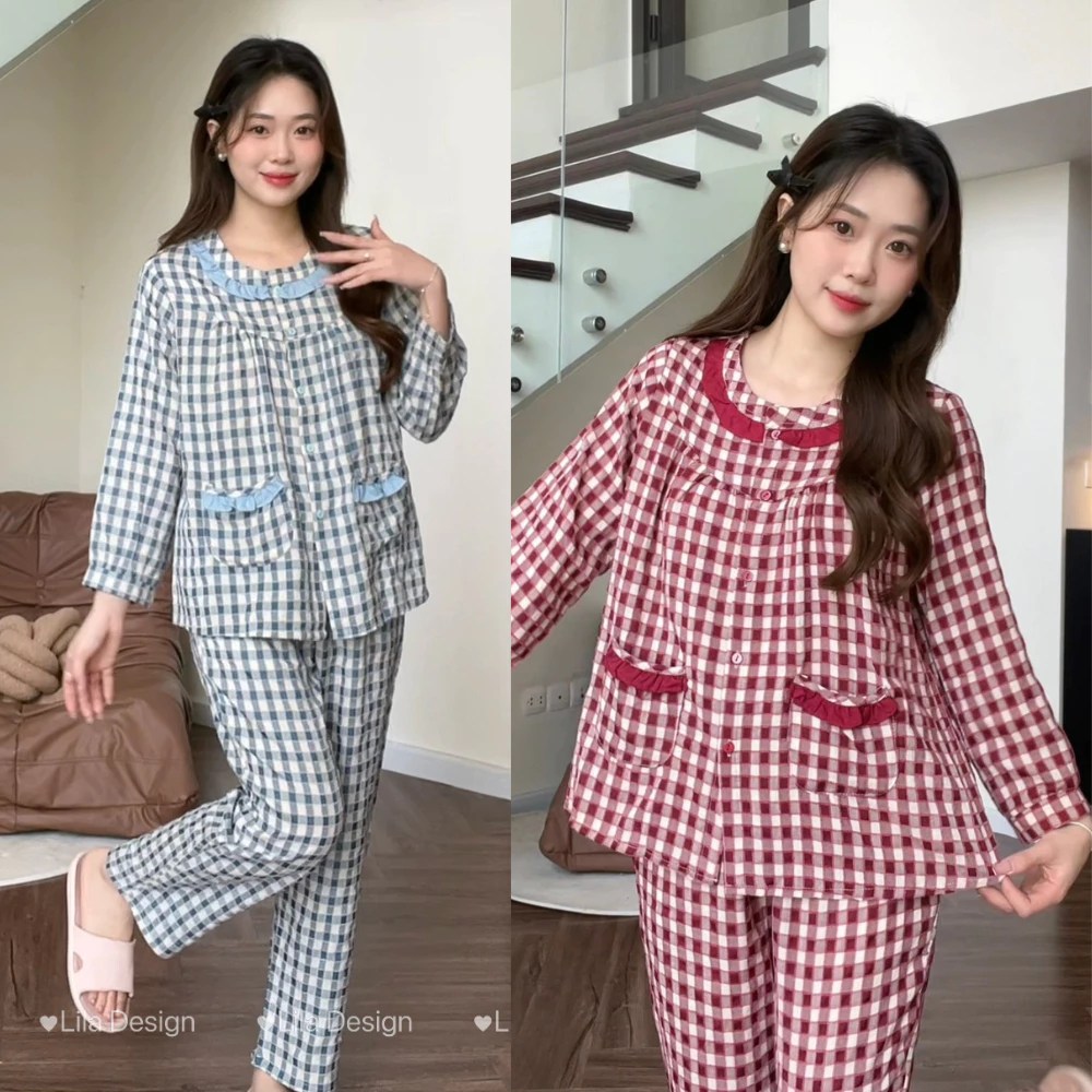 P18-Bộ đồ mặc nhà nữ kẻ caro Suna Clothing cổ nhún bèo,Tay dài, Quần dài, chất thô cotton mềm mịn,thấm hút mồ hôi