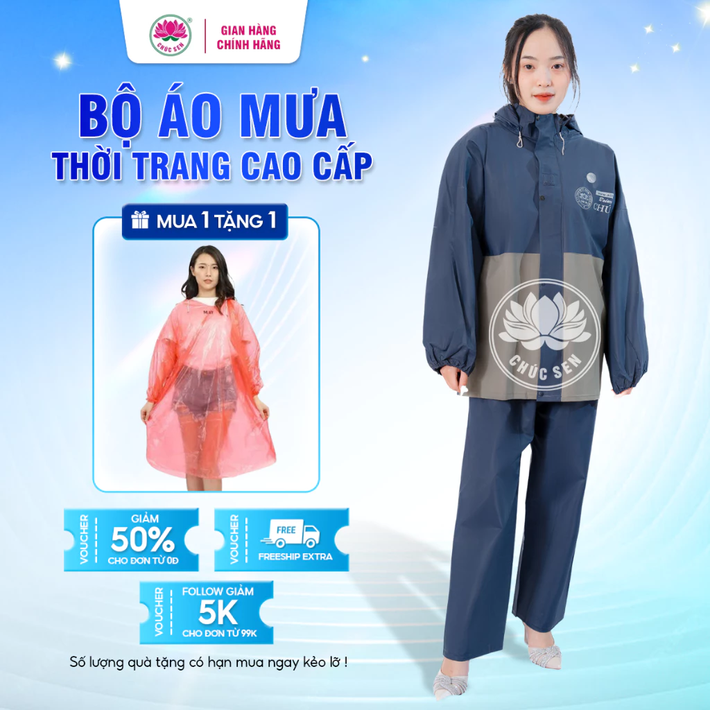 Áo mưa bộ nam nữ CHÚC SEN chính hãng, bộ quần áo mưa chất liệu PVC độ bền cao chống nước tốt