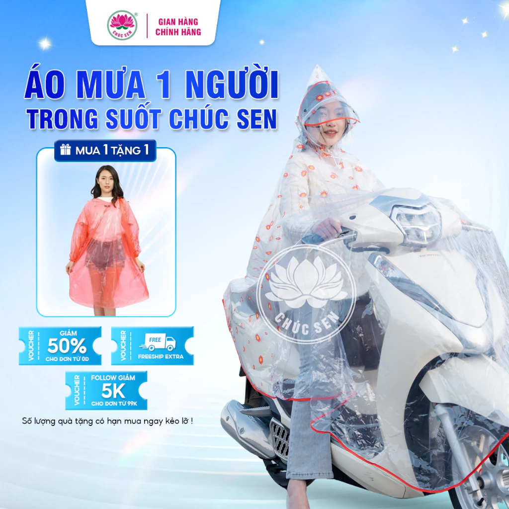 Áo mưa 1 người trong suốt cao cấp CHÚC SEN cỡ đại chất liệu PVC loại dày dặn áo mưa chùm cánh dơi