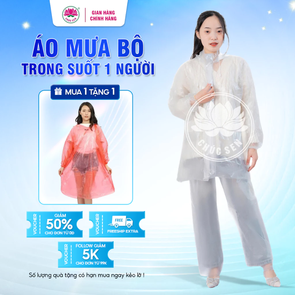 Áo mưa bộ trong suốt 1 người CHÚC SEN quần áo mưa cho nam, nữ chất liệu PVC, bền, dẻo dai, mềm mại