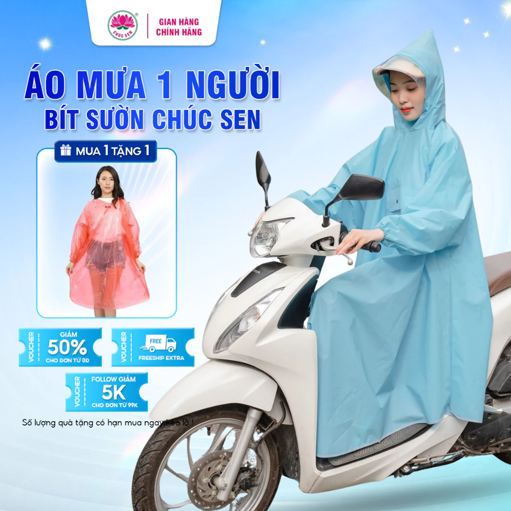 Áo mưa 1 người bít sườn CHÚC SEN size lớn loại dày dặn chất liệu nhựa dẻo EVA chống thấm cho nam nữ