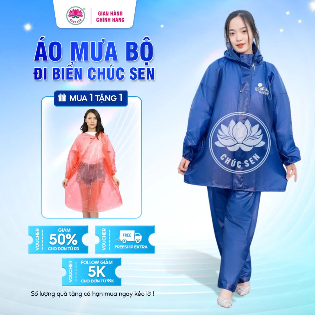 Bộ áo mưa thời trang cao cấp Chúc Sen chính hãng, bộ quần áo mưa chất liệu PVC dẻo bền và chống nước