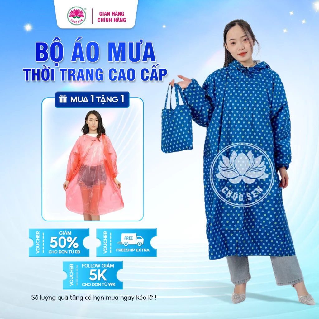 Áo mưa 1 người bít sườn CHÚC SEN cho nam nữ 2 lớp dày dặn vải dù Polyester chống rách chống nước
