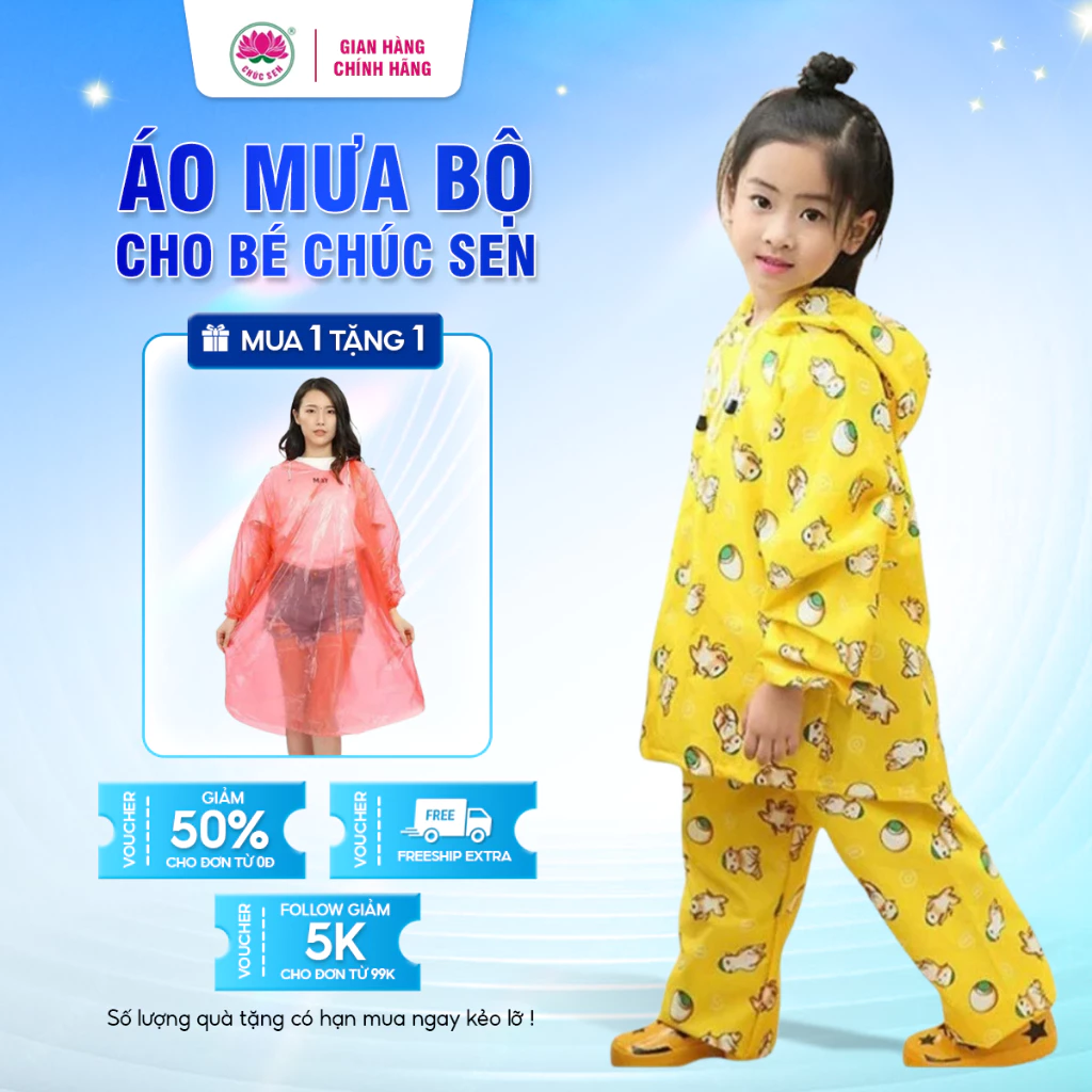 Áo mưa bộ cho bé Chúc Sen bộ cho trẻ em từ 14kg - 40kg, in họa tiết dễ thương có khóa kéo chống thấm