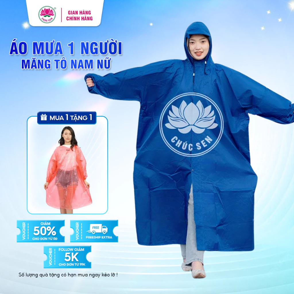 Áo mưa 1 người măng tô nam nữ CHÚC SEN loại lớn dày đặn bộ có khóa kéo tiện lợi chất liệu Polyester