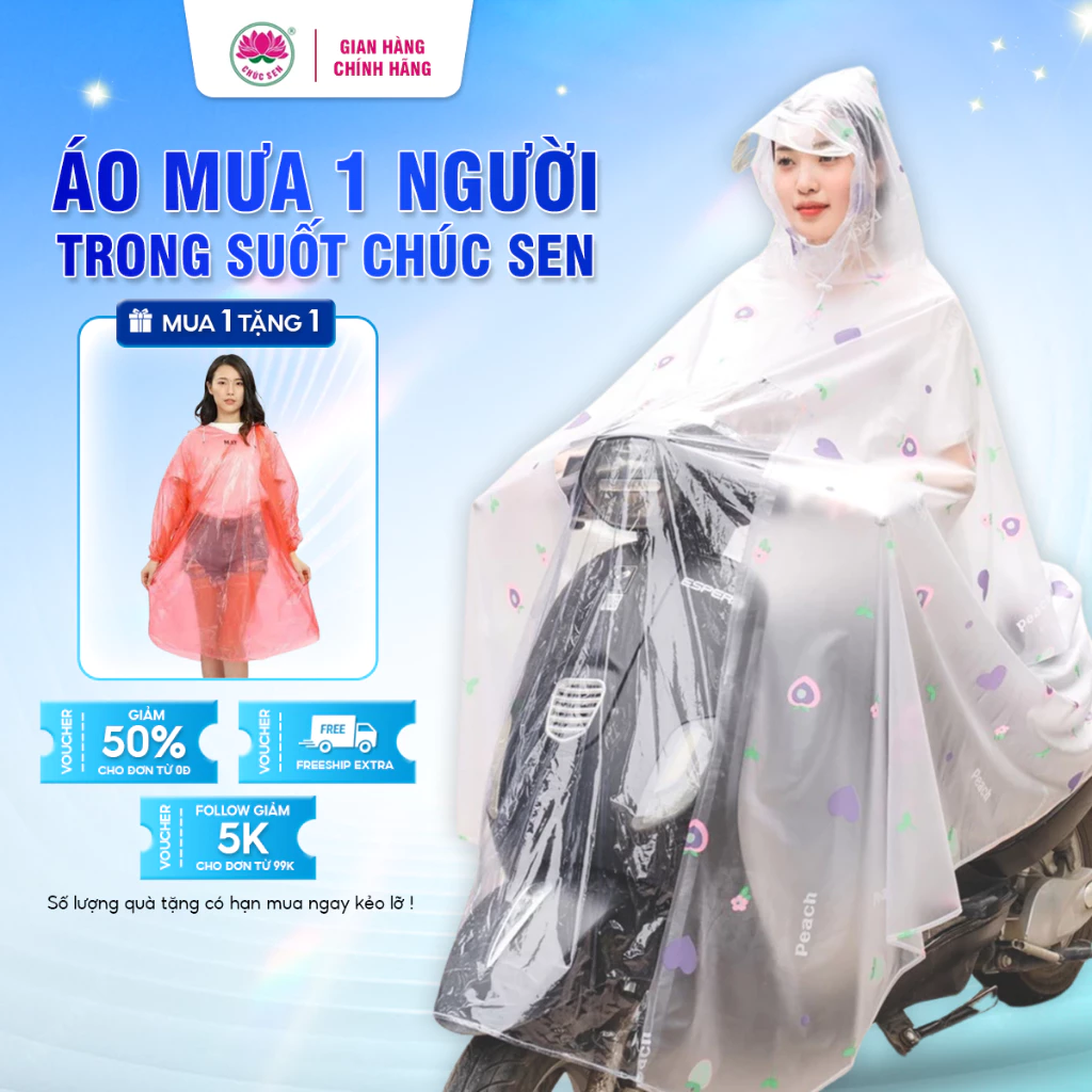 Áo mưa 1 người trong suốt CHÚC SEN hình cute dễ thương cho nữ trùm toàn thân xe máy PVC chống thấm