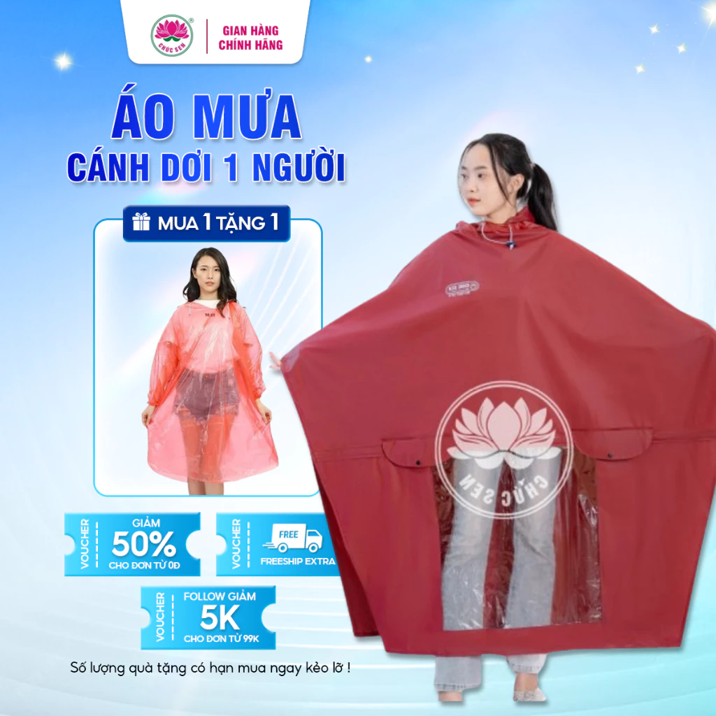 Áo mưa cánh dơi 1 người CHÚC SEN cho nam nữ loại lớn trùm toàn xe máy F6 nhựa PVC cao cấp dày dặn