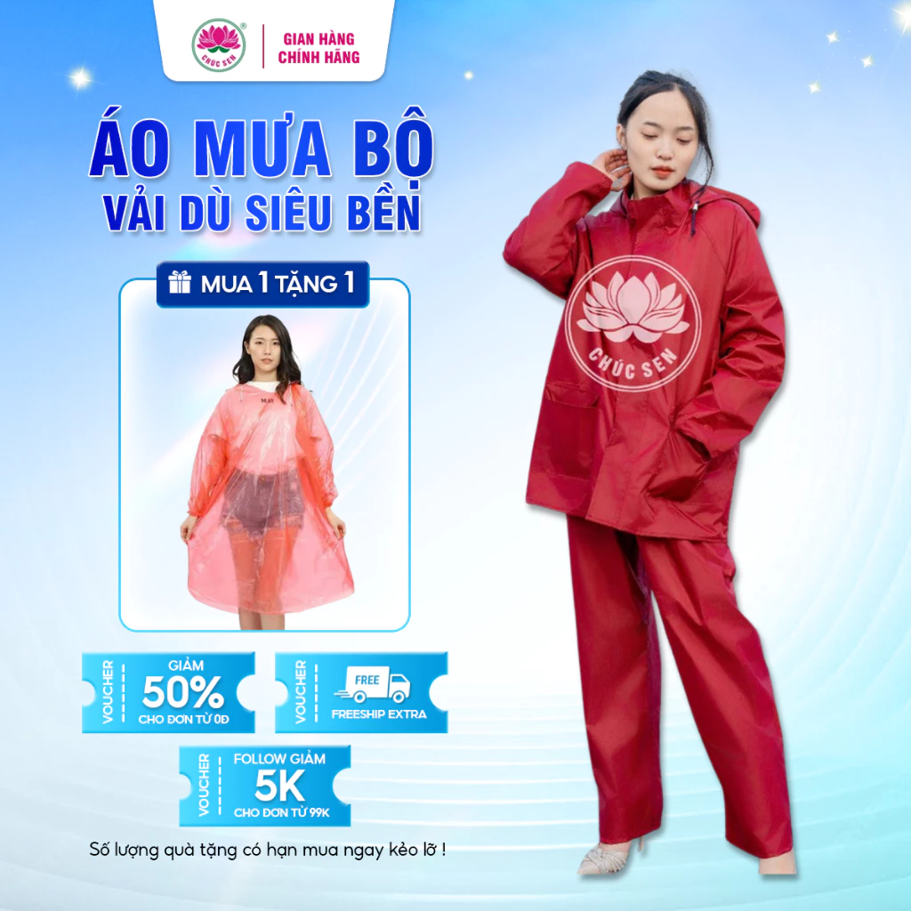 Bộ áo mưa một lớp Chúc Sen, chất vải dù siêu bền, nhiều họa tiết và màu sắc, chống nước tốt