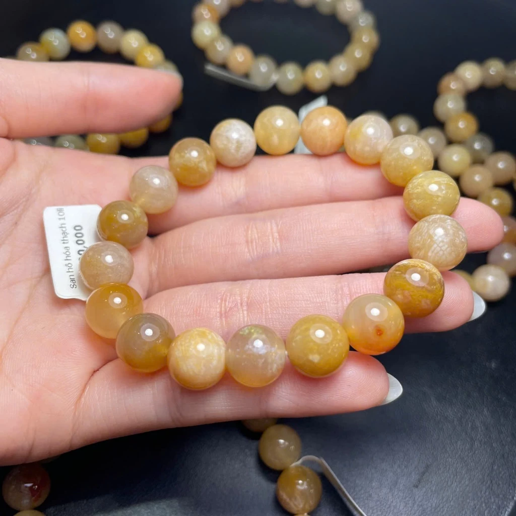 Chuỗi đá hóa thạch chất ngọc đeo tay màu nâu vàng dành cho nam và nữ size hạt 10li - NGTW