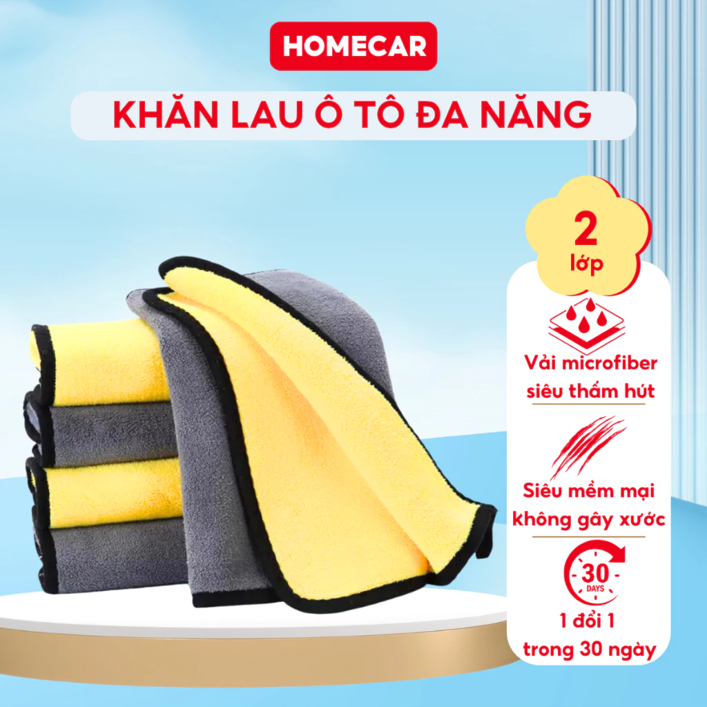Khăn Lau Rửa Xe Ô Tô Chuyên Dụng Microfiber Đa Năng Khăn Dày Mịn Siêu Thấm Hút Không Sơ Rối 2 Lớp