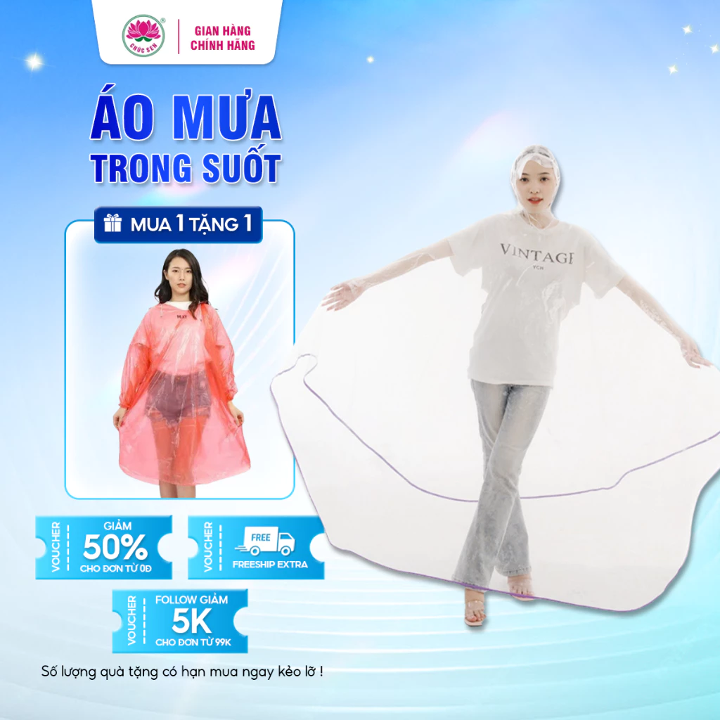 Áo mưa trong suốt 1 người CHÚC SEN loại lớn cho nam nữ cao cấp chất liệu EVA dày dặn không dính