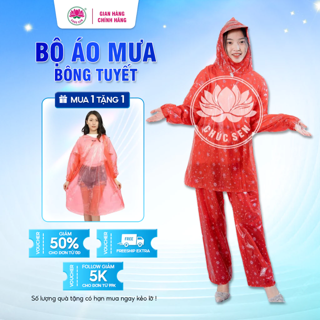 Bộ Áo Mưa Tuyết Chúc Sen Không Khóa Kéo, Chất PVC Cao Cấp Siêu Dai, Siêu Mềm, Dẻo, Không Thấm Nước