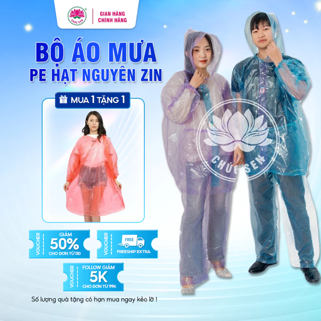 Bộ áo mưa Pe Chất Liệu Hạt Nguyên Zin Không Mùi, Không Thấm Nước |Áo Mưa Chúc Sen Chính Hãng