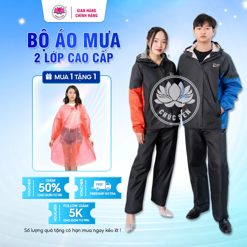 Bộ áo mưa 2 Lớp Cao Cấp Chúc Sen, chống nước, chống gió, chất liệu vải Gojek - Mềm - Nhẹ- Bền