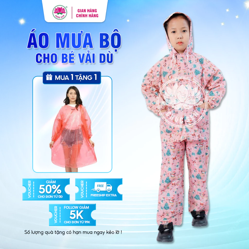 Bộ áo mưa trẻ em số 2 bé từ 14 -18kg <100cm, chất liệu vải dù cao cấp Chúc Sen in họa tiết dễ thương