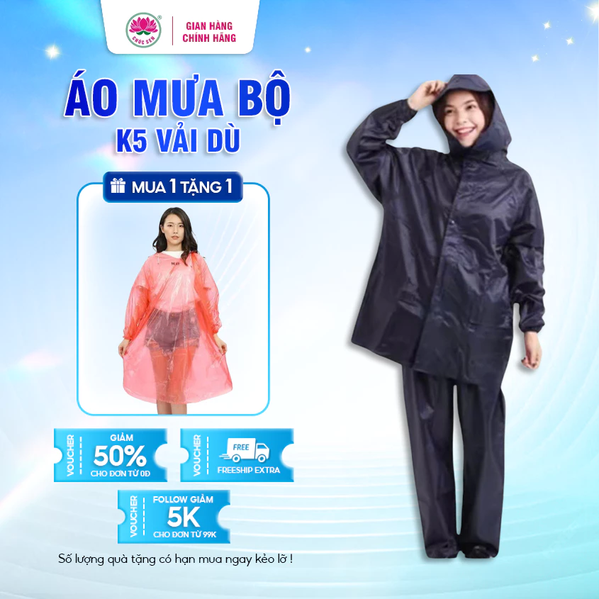 Bộ áo mưa K5 Chúc Sen, Chất liệu vải dù, có phản quang, chống rách, chống thấm nước siêu bền