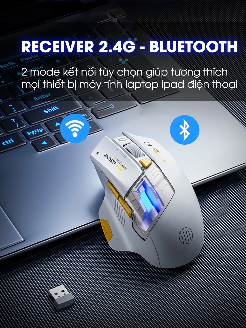 Chuột không dây gaming TEKKIN INPHIC A9 PRO bluetooth silent chống ồn pin sạc 6 nút bấm led RGB