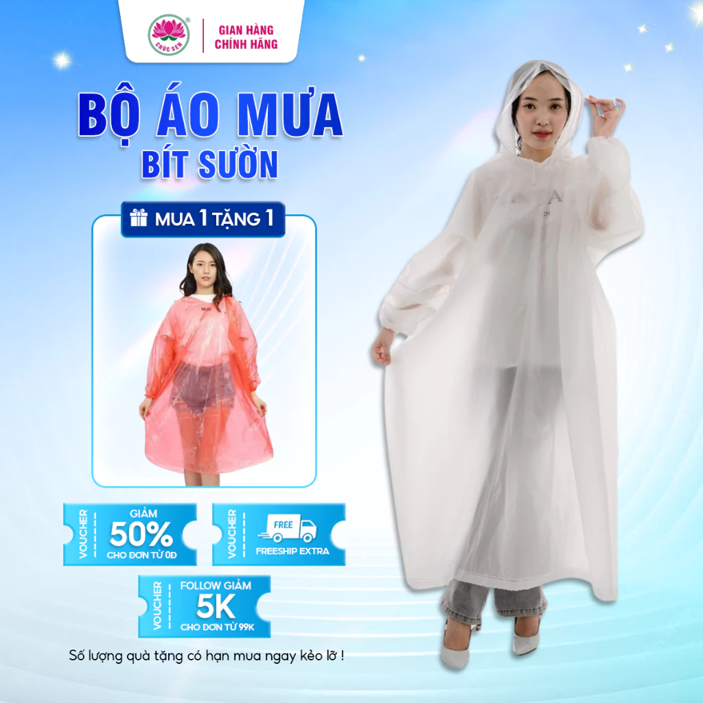 Áo Mưa Bit Sườn Trắng Trong size đại Chúc Sen, Chất Liệu EVA Chống Thấm Nước, Kiểu Dáng Thời Trang