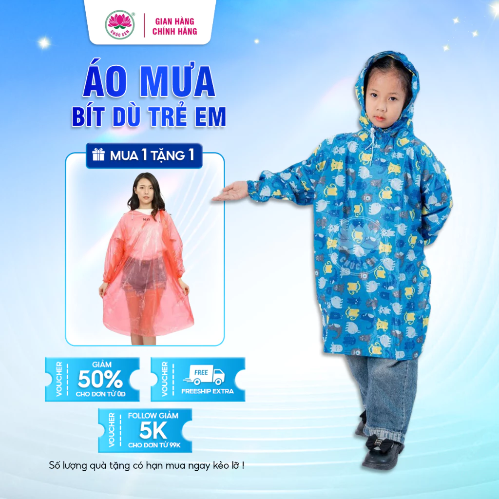 Áo Mưa Bít Dù Trẻ Em số 11 cho bé dưới 140 cm, Chất Liệu Vải Dù Chúc Sen, In Họa Tiết Dễ Thương