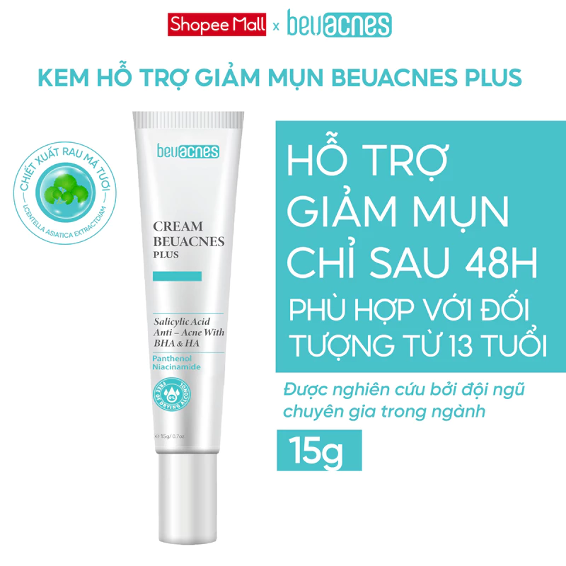 Kem giảm mụn nhanh 24h BEUACNES PLUS giảm mụn trứng cá, chiết xuất rau má, hỗ trợ mờ thâm mụn 15g