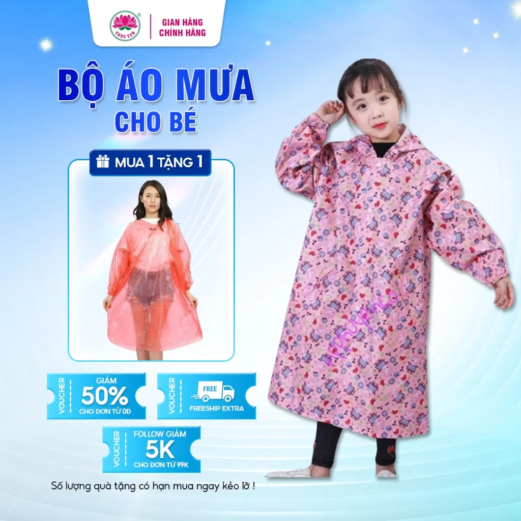 Áo Mưa Bít Dù Trẻ Em số 7 dành cho bé dưới 100 cm Chất Liệu Vải Dù Chúc Sen, In Họa Tiết Dễ Thương