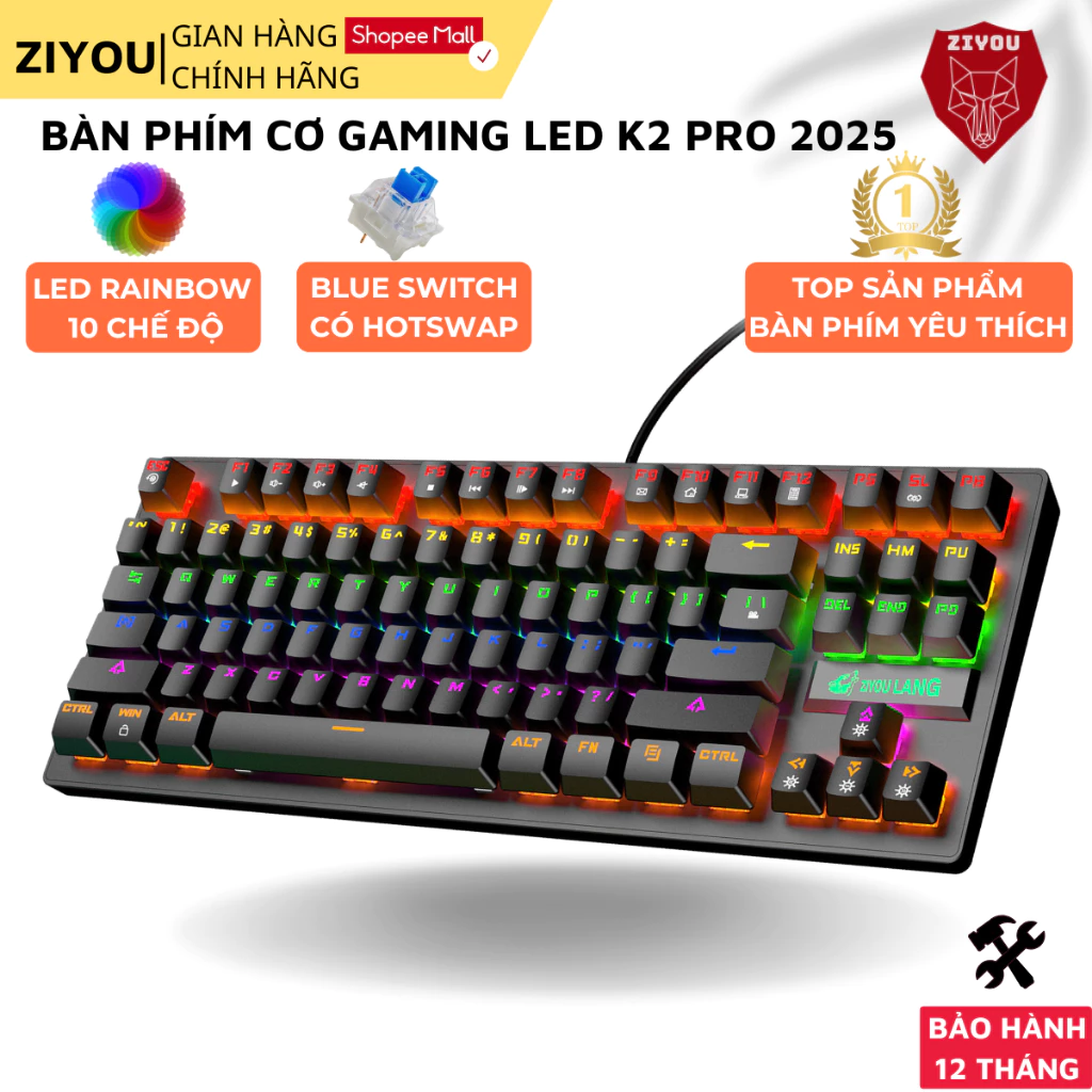 Bàn Phím Cơ Gaming ZIYOU K2 PRO LED RGB 10 Chế Độ, Chơi Game, Làm Việc Phù hợp Với Máy Tính, Laptop