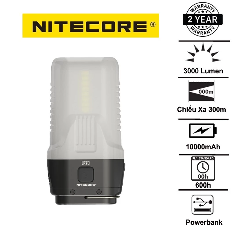 Đèn pin cắm trại NITECORE LR70 sáng 3.000 lm chiếu xa 300m pin liền thân 10000mAh USB-C powerbank