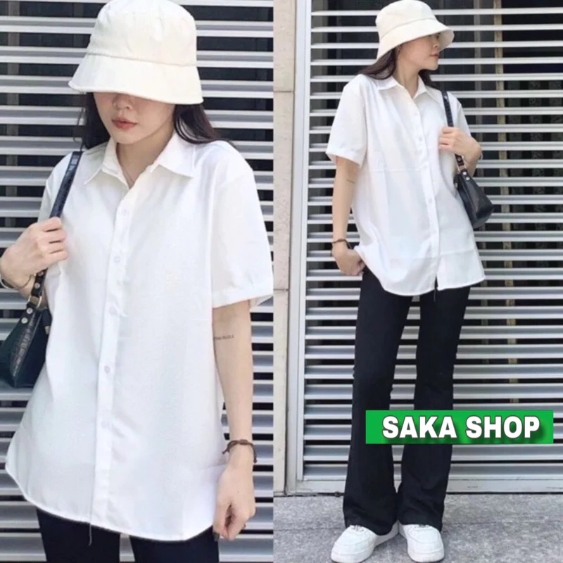 Áo sơ mi trắng nữ tay ngắn from rộng vải kate không nhăn nhiều màu