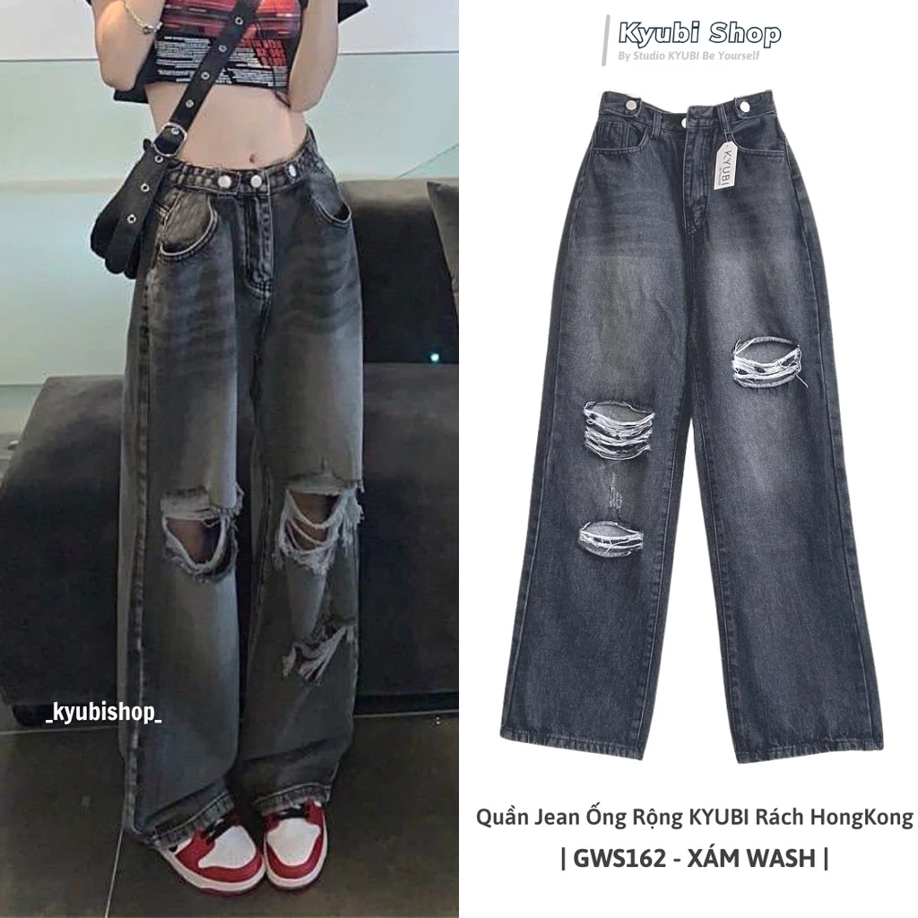 Quần Jean Nữ Rách Gối Ống Rộng Lưng Cao Kyubi phong cách HongKong Cá Tính (Nhiều Mẫu, Có Bigsize) - GW162