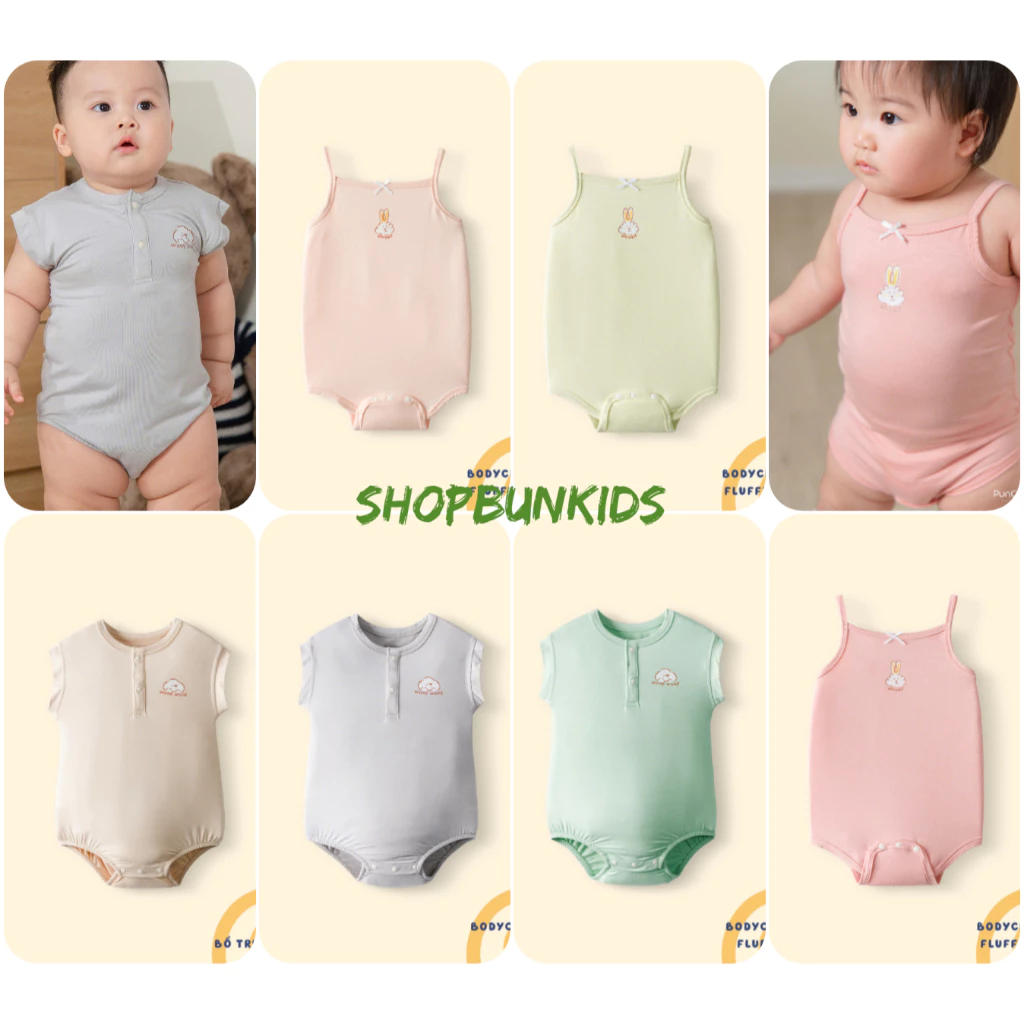 Body chip cộc PUNCHUN , Body cộc tay cài khuy bổ trụ sơ sinh vải cotton bodysuit  mỏng hè MADE IN VIỆT NAM