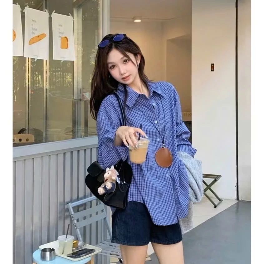 Áo sơ mi nữ FORM TO CHẤT KATE THÔ kẻ caro xanh đậm nhỏ