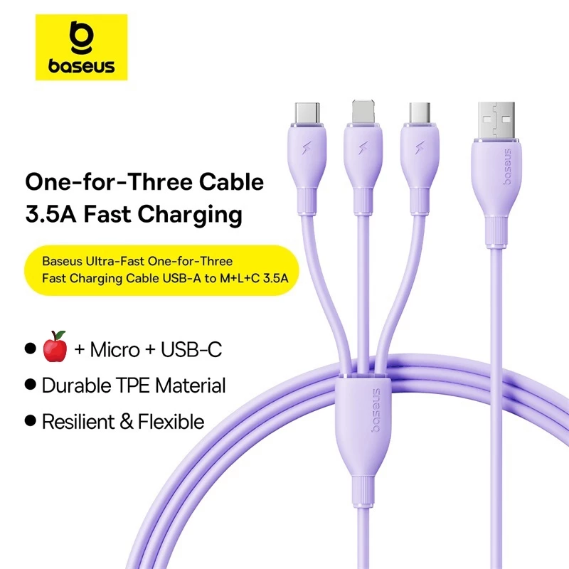Cáp sạc nhanh và truyền dữ liệu Baseus 3.5A - 3 trong 1 USB-A sang Micro + Ligh + Type-C, chống đứt gãy, sạc an toàn