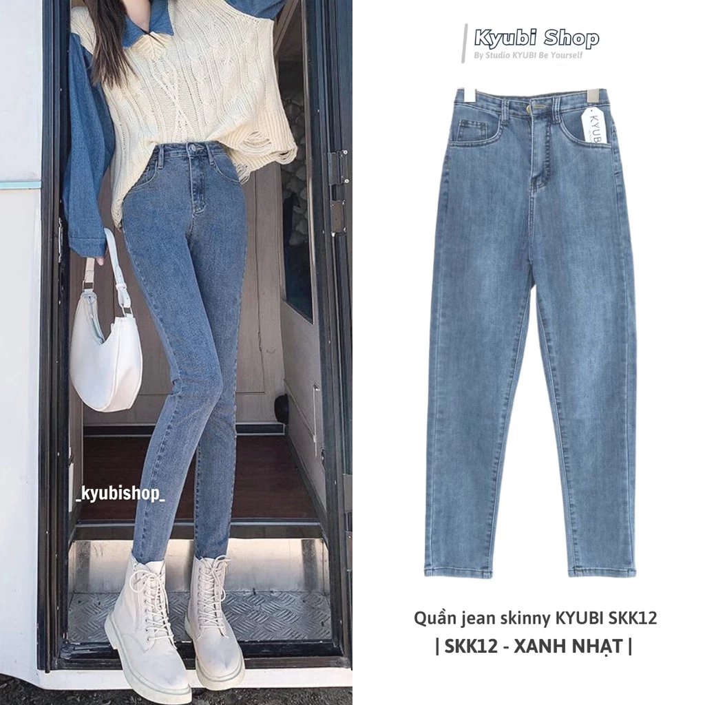 Quần jean nữ skinny lưng cao Kyubi co giãn có túi - Quần bò cạp cao dáng ôm co dãn (có bigsize) SKK11