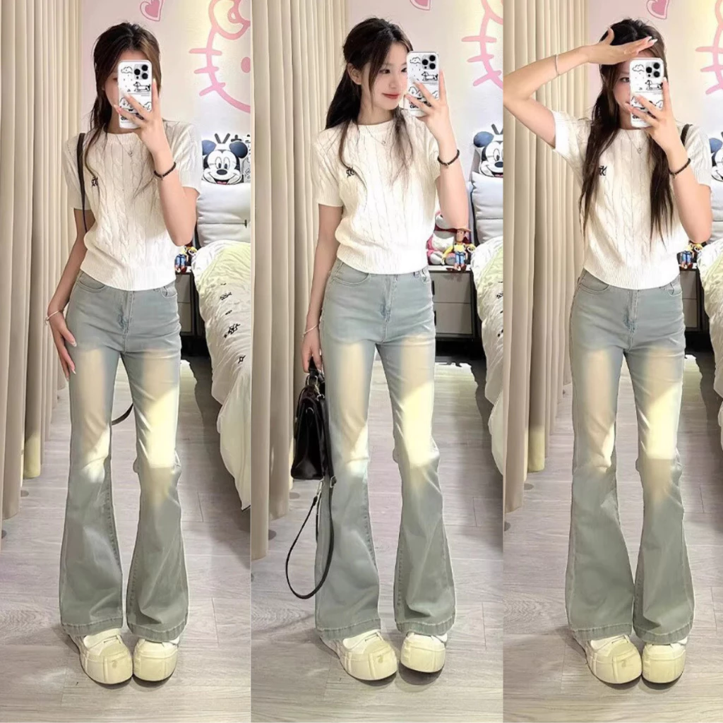Quần jean ống loe form rộng không ôm thoải mái màu xanh mài MIAA vải jean không bai nhão xù phong cách Hàn quốc