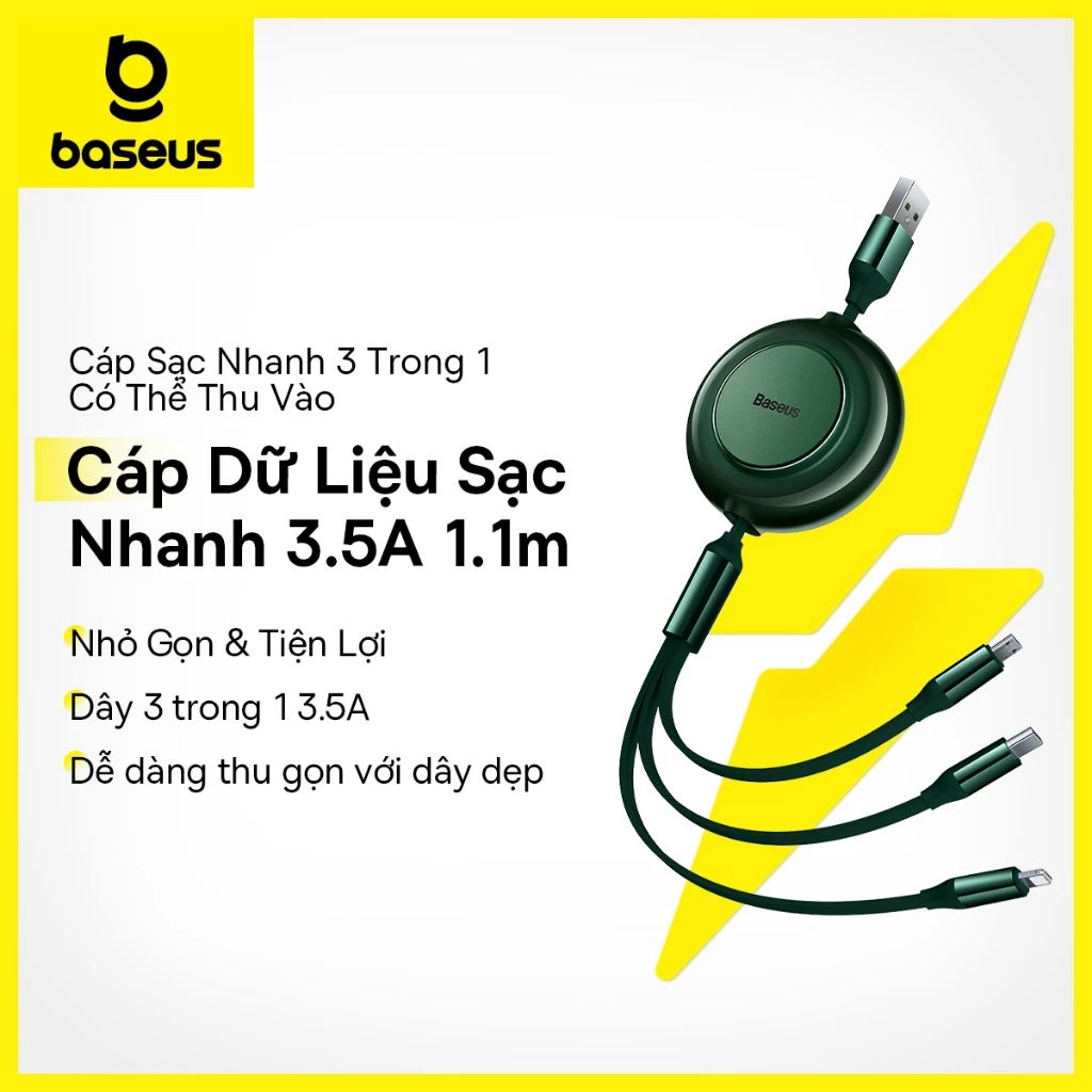 Cáp Sạc Baseus 3.5A 3 Trong 1 Đầu Micro USB Type C Hỗ Trợ Có Thể Thu Lại Tiện Dụng cho Xiaomi Samsung