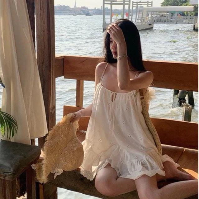 [TẶNG QUẦN/ loại 1]VÁY HAI DÂY BUỘC NƠ THÊU HOA SANG CHẢNH ĐI CHƠI ĐI BIỂN SIÊU XINH V28