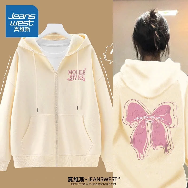 Áo Khoác Nỉ NỮ DÂY KÉO Họa Tiết ĐÍNH NƠ TO Thời Trang Nổi Bật