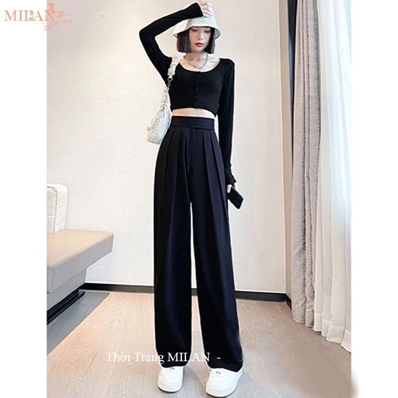 Quần tây ống rộng cạp lưng cao khóa sườn dáng quần ống suông rộng dài đen vả dày mềm đi học chơi làm công sở đẹp
