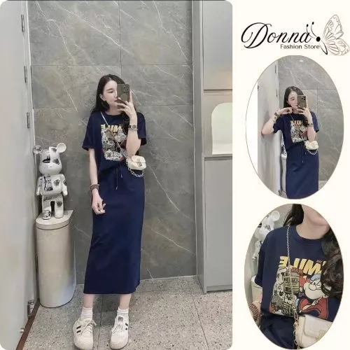 set váy nữ , áo thun nữ họa tiết cute phối chân váy dài suông midi màu xanh than