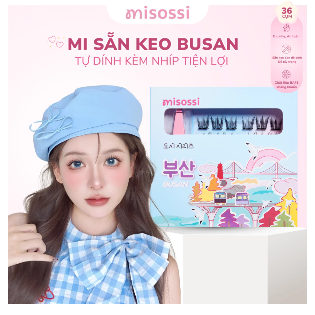 misossi Mi Sẵn Keo Đen Kèm Nhíp Busan – Mi Cụm Hàn Quốc Mềm Mại, Dáng Vuốt Mèo Quyến Rũ, Tia Mi Dài Rõ