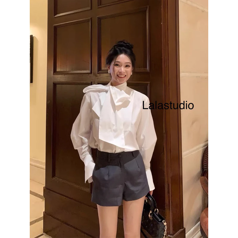 Alva• LALASTUDIO• Áo sơ mi trắng cổ thắt nơ chất thô cao cấp tiểu thư sang chảnh ( hàng QCCC), áo sơ mi trắng buộc nơ