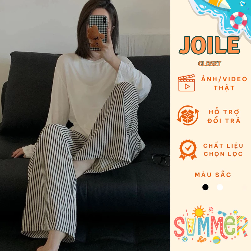 Quần Ống Rộng Nữ ,Chất Liệu Đũi Thô Nhăn Cực Mát Quần Suông Kẻ Trắng Đen Cá Tính Joile_Closet