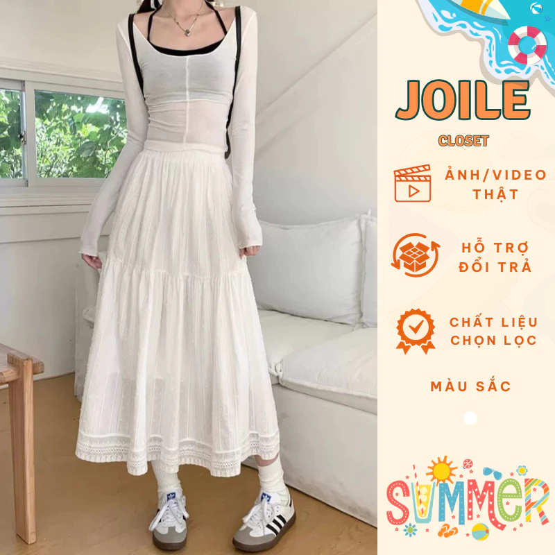 Chân váy midi kiểu chữ A viền ren 2 lớp, chân váy dài 2 tầng thời trang Joile_Closet